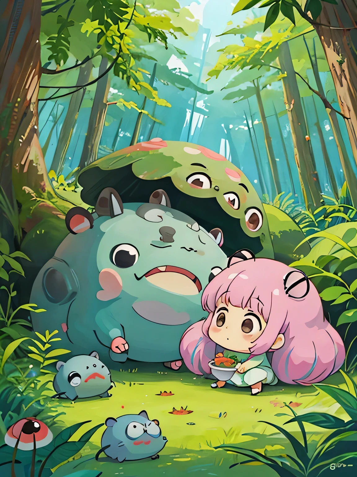 hayao miyazaki style, Kawaii Design, The most beautiful girl of all time、Chibi, Cute and colorful pillbugs、Taking a nap、Lots of pillbugs、Totoro Forest