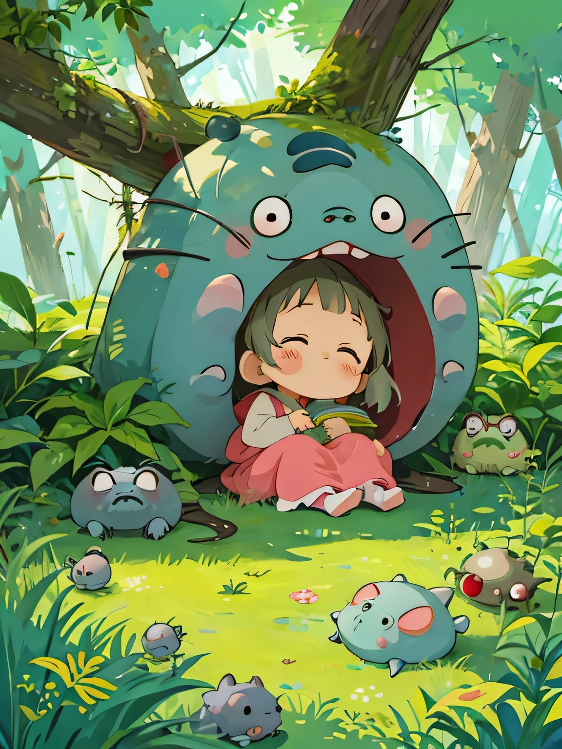 hayao miyazaki style, Kawaii Design, The most beautiful girl of all time、Chibi, Cute and colorful pillbugs、Taking a nap、Lots of pillbugs、Totoro Forest
