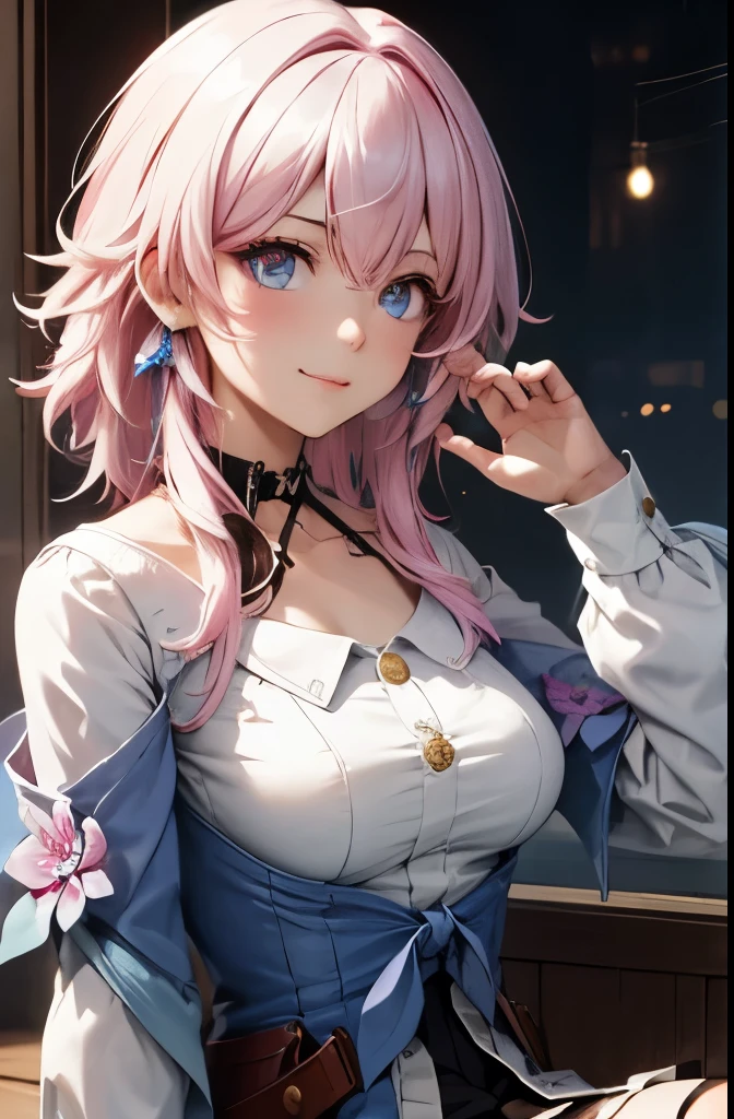 (masterpiece), best quality, expressive eyes, Perfect face, 1 girl, Solitary, March 7, blue eyes, Hair between the eyes, Medium Length Hair, pink eyes, Pink Hair, Two-Tone eyes, ankle boots, 射箭射擊Gloves, badge, Bare Legs, black Necklace, black Corset, Black footwear, black Gloves, blue Jacket, blue skirt, boots, button badge, Buttons, Necklace, clavicle, Corset, earrings, Floral ornaments, Gloves, high heel boots, High heel, Jacket, Jewelry, Long sleeve, miniskirt, partially fingerless Gloves, pleated skirt, shirt, 單隻earrings, 單Gloves, skirt, Thigh straps, tied Jacket, Lower Bust, white shirt, Smile, City, background, futuristic City, sit on the floor, Knees up, Upper Body, portrait, Looking at the audience