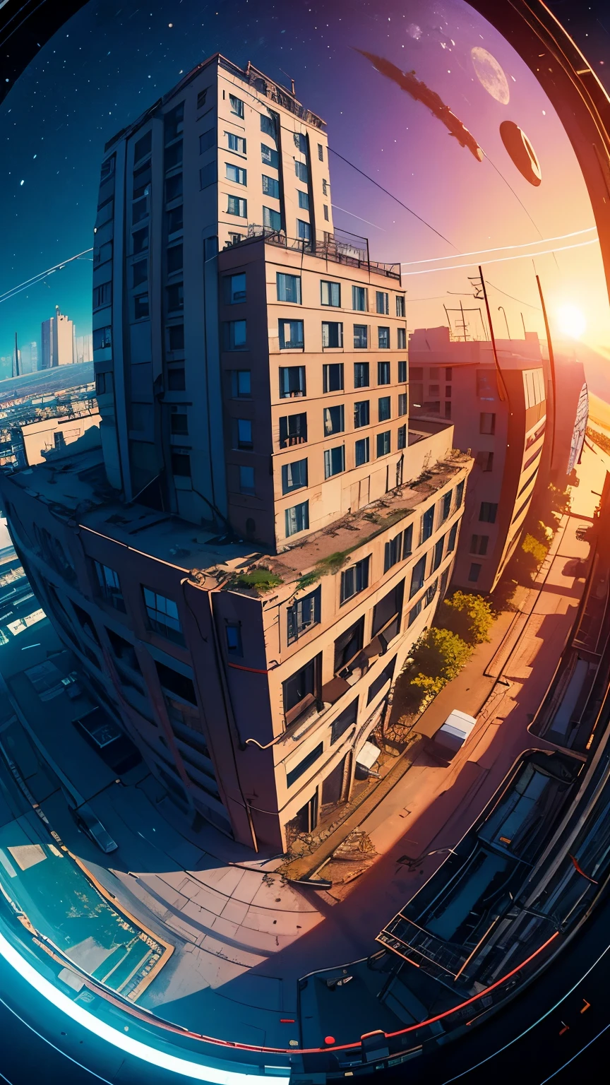 (Fish-eye lens),Icon, Logo, Very Wide White Background, Extreme Quality, Masterpiece, 8k, Depth of Field, Complex Detail, (No People), Very Large Margin, Lots of Text, Corporate Logo, Space, Motif, Emblem, Movie Poster-Like, Fisheye, (Abandoned Factory), (Lots of Wires), Spacecraft, Moon, Sun Flare, sunset,