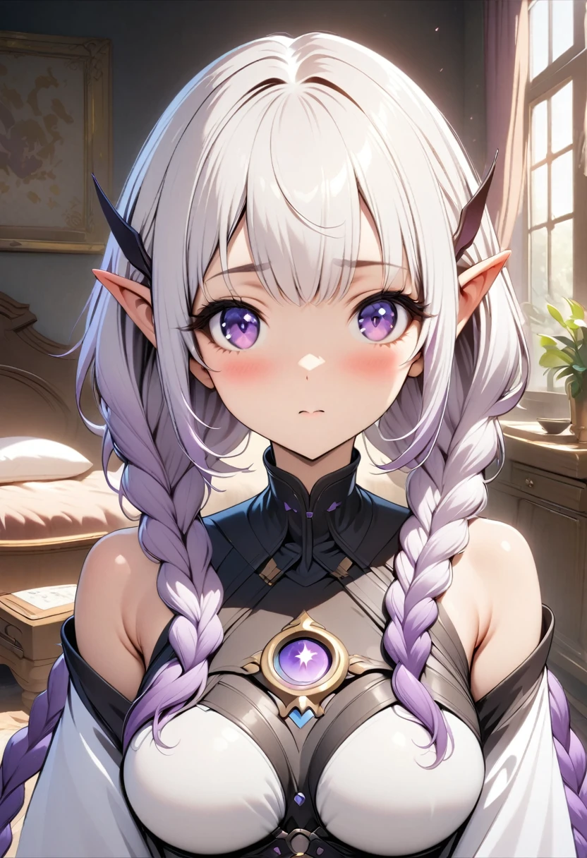 masterpiece, best quality, (Highly detailed CG Unity 8k wallpaper), (best quality), (Best Illustration), (The best shadow), (stable diffusion model), 1 Elf girl, yinji, purple hair, purple eyes, long hair, white hair, double braids, gradient hair, sparkling, beautiful, victorian style bedroom, Dynamic Lighting, Depth of Field