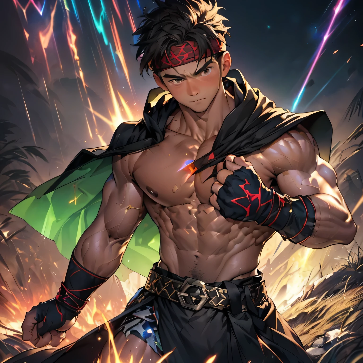 (Masterpiece, Best quality 19 year old boy, black background), solo, Young, boy, muscler, (Dark Short straight hair, under cut, brown eyes, topless), (red headband, ((fingerless gloves, belt, black wristband, long cloak, powerful energy aura))), (hot Abs:1.2, abs!, big abs, big breast:1.2, chest!, upper arms), Vivid colors, muscler body, (aura power:1.4), detailed face, detailed muscle, (((A magical mystical glowing aura, cosmic power glowing and flourishing, rippling muscles, fighting pose, struggle, combats, dynamic pose, intense action scene)))