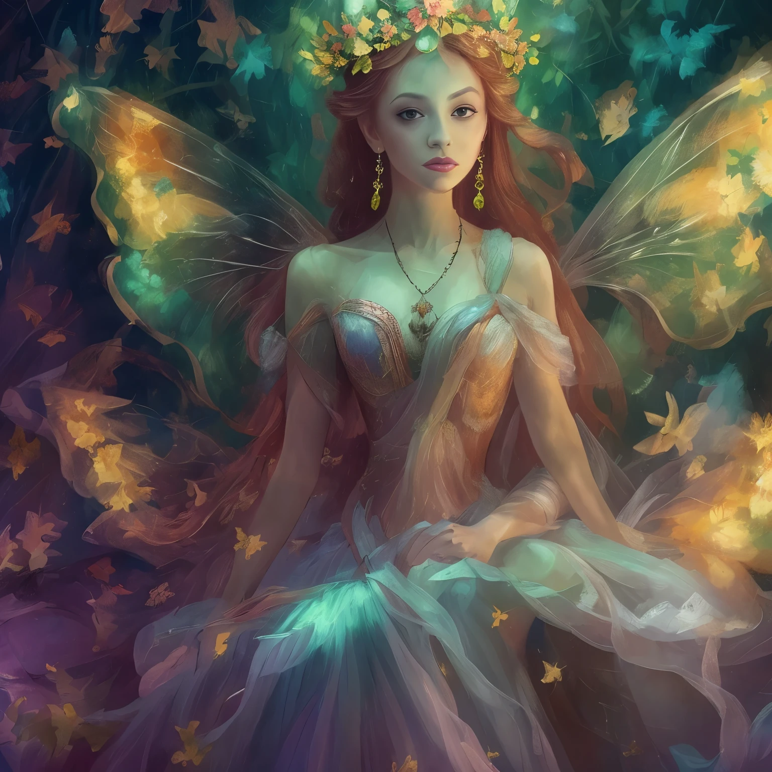 high quality、8k、Realistic、masterpiece、Very detailed、Cinema Lighting、dramatic、ether、elegant、Titania, Graceful fairy queen、I&#39;m very proud、Amazingly beautiful、Butterfly Wings、Ideal ratio、Intricate details、Fantasy、Mysterious、loose fitting dress、Ornate headdress、Shining Aura、Calm expression、Bright colors、Chiaroscuro lighting、Lush leaf background