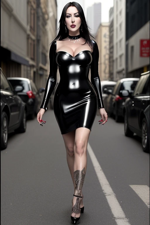 Monica Bellucci, young girl, Beautiful face, bald head, tattoos, thin and slender, Long legs, high heel shoes, wearing a tight black latex mini dress, Very expressive bright makeup, black eyeliner, black lipstick, steel spiked collar, standing in the middle of a busy city street.