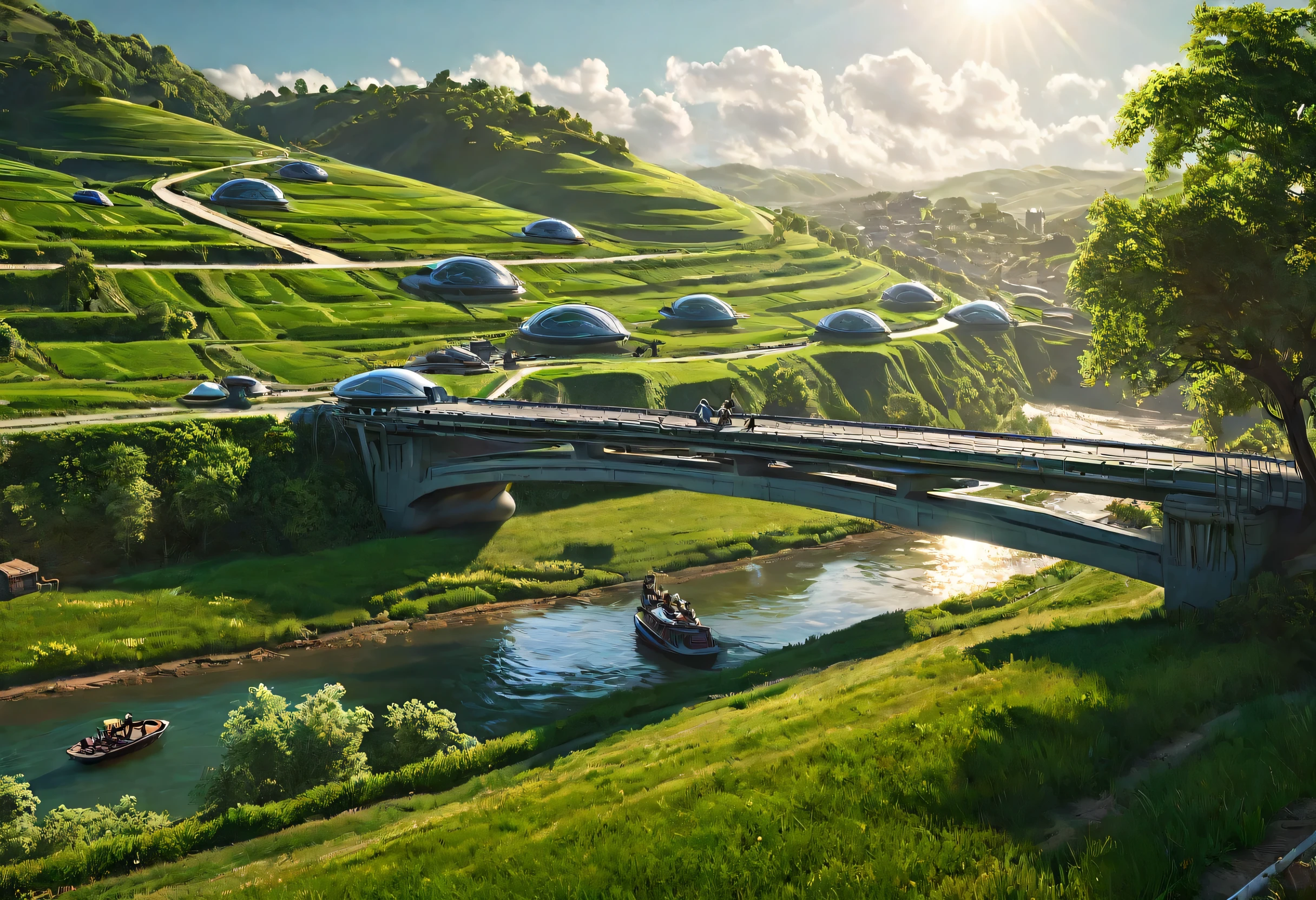 surreal photography, futuristic, sci-fi, virtualization, digital city, river, bridge, boats, technology, mechanization, futurism, a big city, a big city, 8K, highly detailed digital art, CG art, ultra-fine 3D matte painting, a big city, beautiful countryside, realistic photography, rural scenery, lush green fields, rolling hills, children playing, sunlight shining through trees, warm colors, natural lighting, highly detailed, 8k, realism, masterpiece