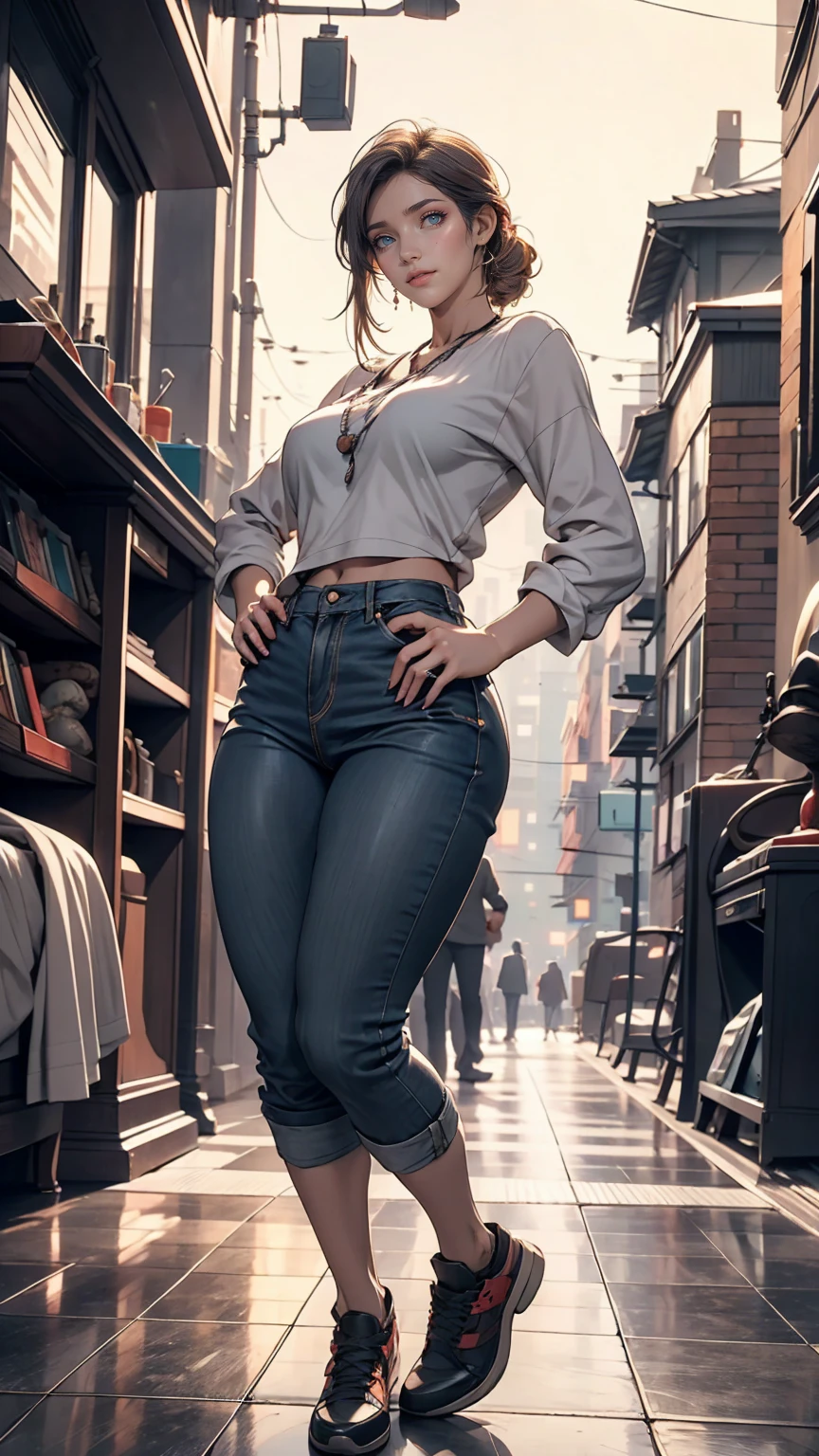 Midgar City Style、Apartment building with cityscape in the background、24 year old Caucasian female、smile、Place your hands on your hips、Low - Angle