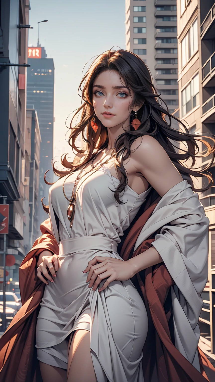 Midgar City Style、Apartment building with cityscape in the background、24 year old Caucasian female、smile、Place your hands on your hips、Low - Angle