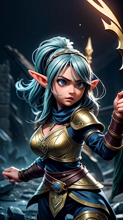 a female elf warrior, fighting against enemies, detailed portrait, intricate armor, flowing hair, determined expression, epic fantasy battle scene, dramatic lighting, dynamic pose, 4k, ultra-detailed, realistic, photorealistic, vivid colors, cinematic, fantasy art, concept art