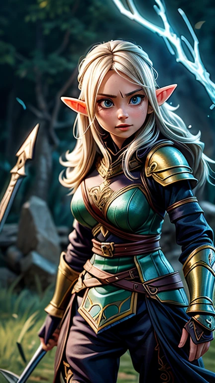 a female elf warrior, fighting against enemies, detailed portrait, intricate armor, flowing hair, determined expression, epic fantasy battle scene, dramatic lighting, dynamic pose, 4k, ultra-detailed, realistic, photorealistic, vivid colors, cinematic, fantasy art, concept art