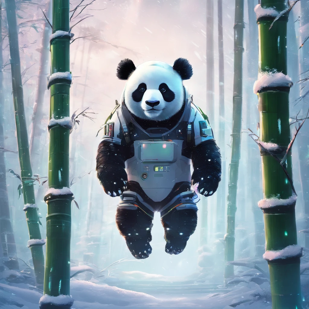 Panda bear hanging from bamboo in snow winter, misty