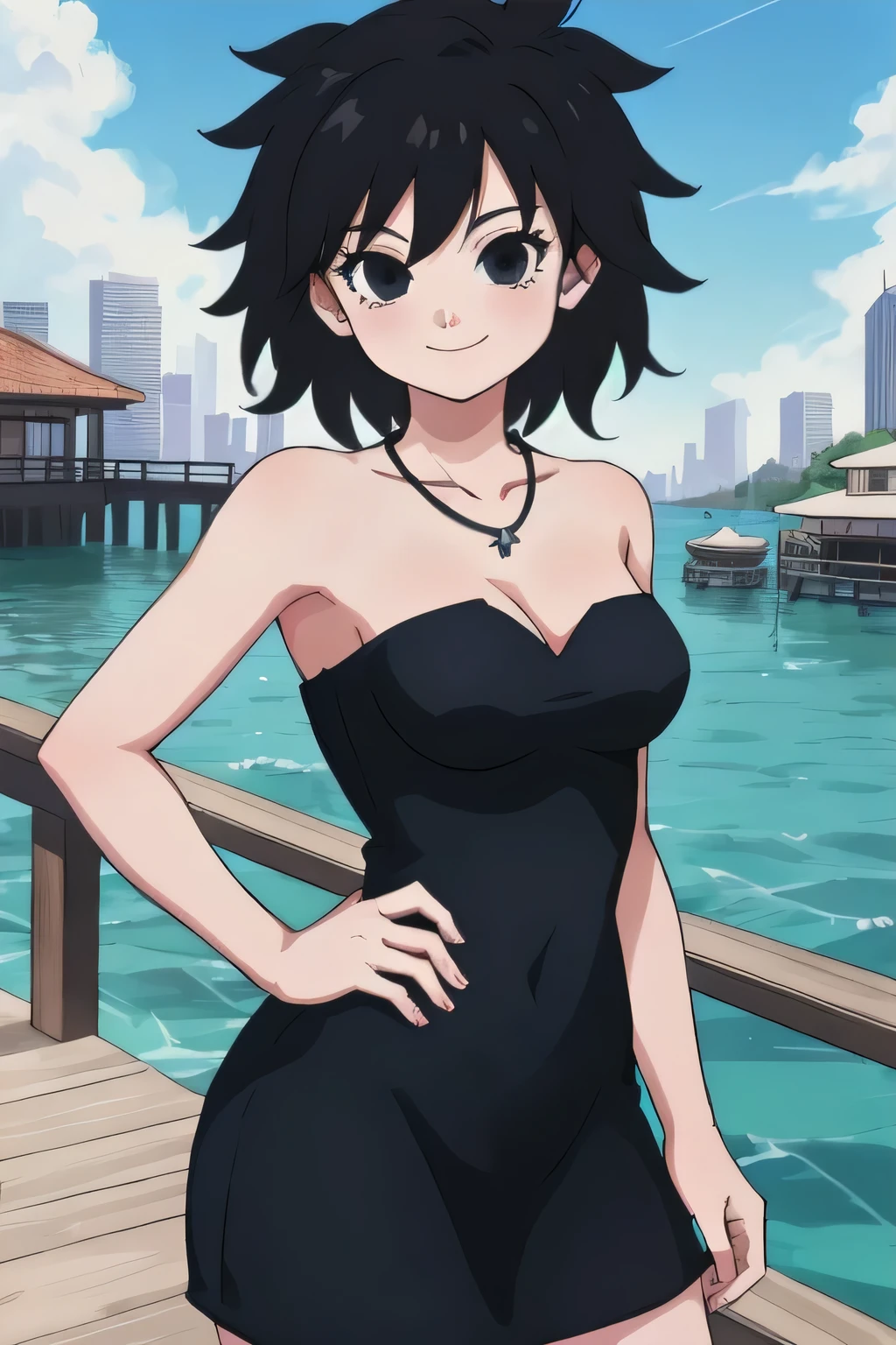 gine, 1girl, sunlight, solo, closed, blue sky, black hair, black eyes, city, bare shoulders, medium breast, collarbone, cowboy shot, short hair, looking at viewer, smile, looking at viewer, spiked hair, strapless black tube dress, necklace, pier, docks, left hand on hips, standing up