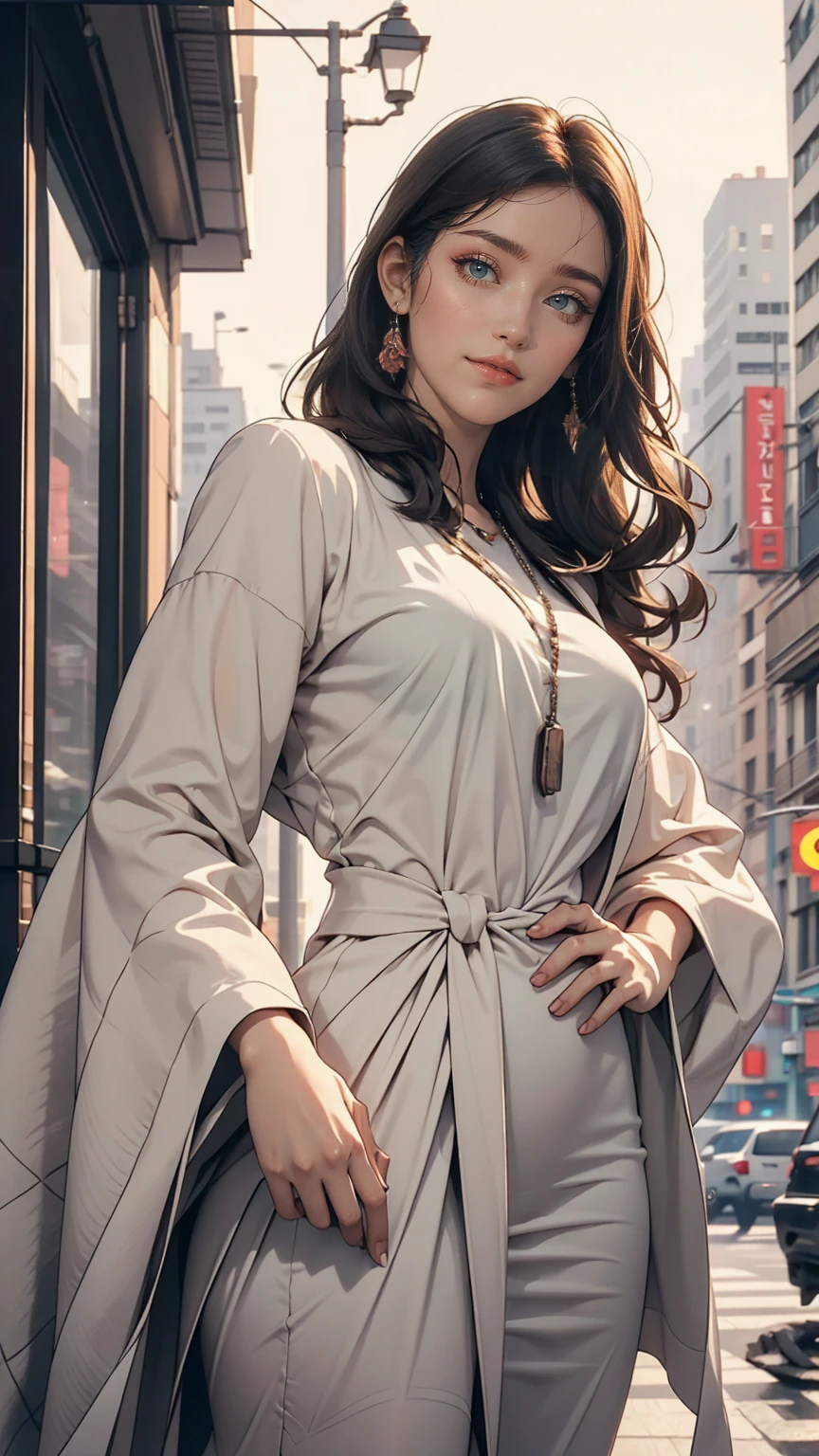 Midgar City Style、Apartment building with cityscape in the background、24 year old Caucasian female、smile、Place your hands on your hips、Low - Angle
