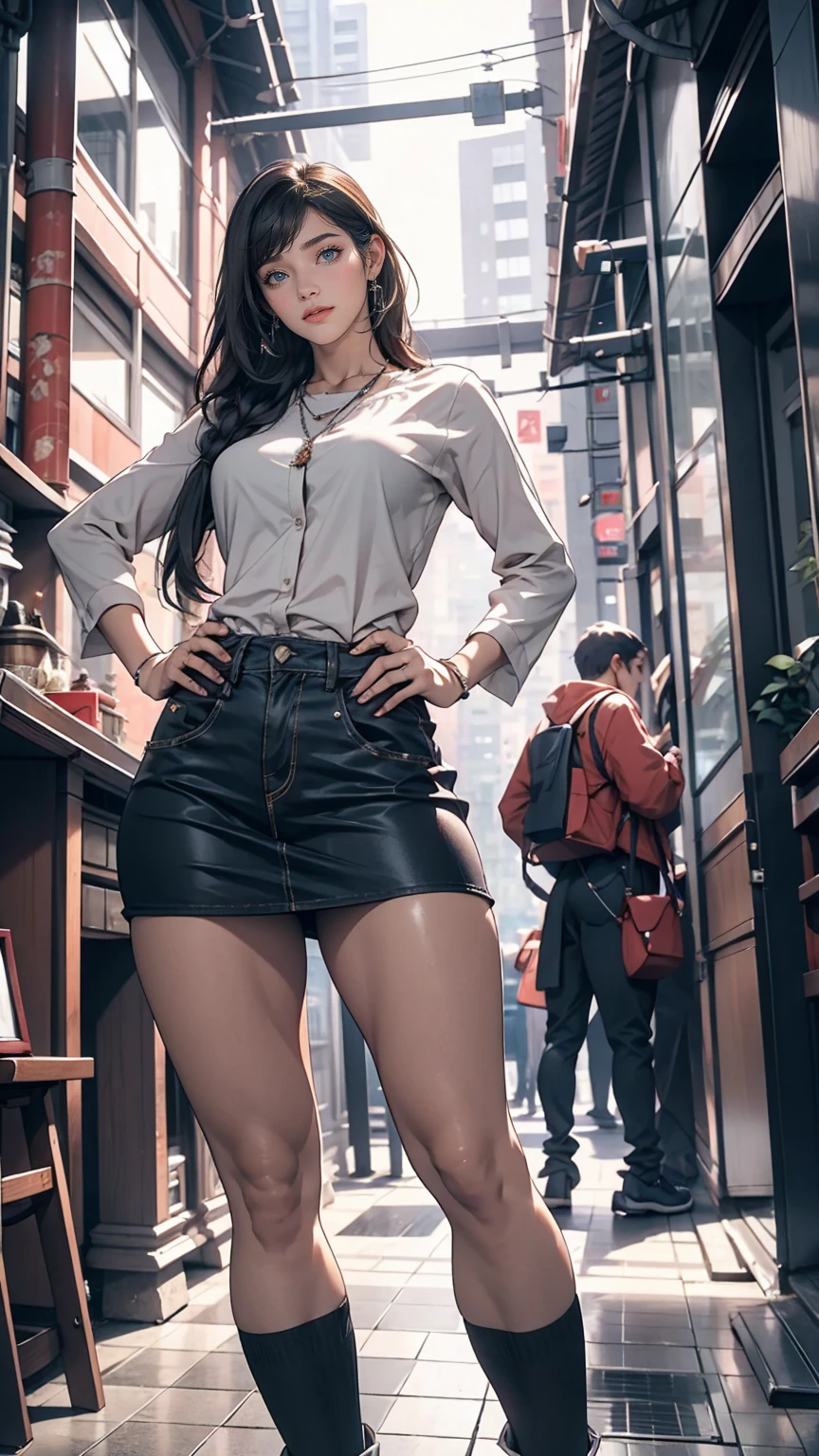 Midgar City Style、Apartment building with cityscape in the background、24 year old Caucasian female、smile、Place your hands on your hips、Low - Angle