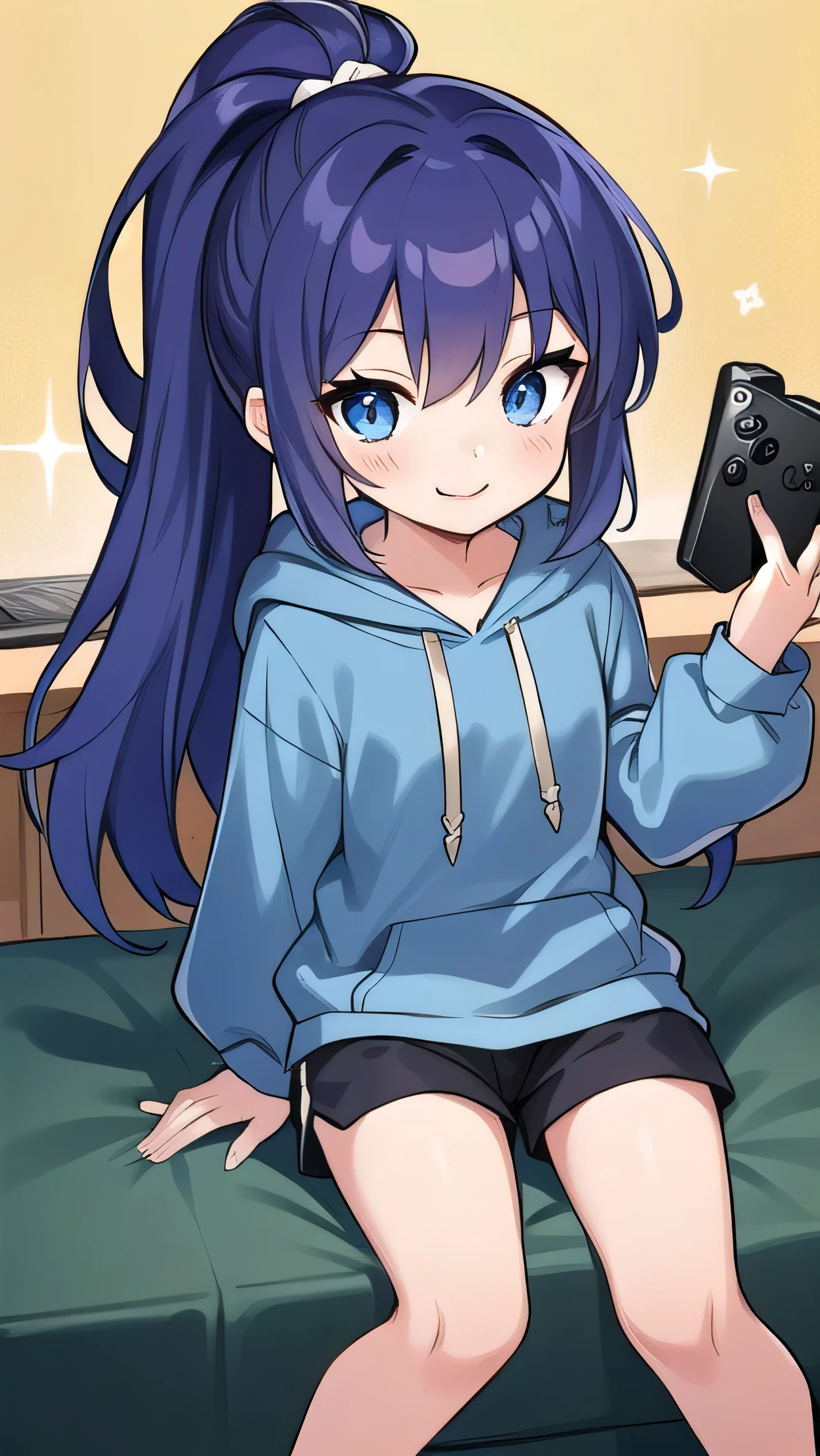 Blue-purple hair, dark blue eyes, long hair, ponytail, hairpin, long-sleeved hoodie, shorts, middle school student, 14 years old, short, round eyes, sparkling eyes, owns a game console, confident, smiling a little There is