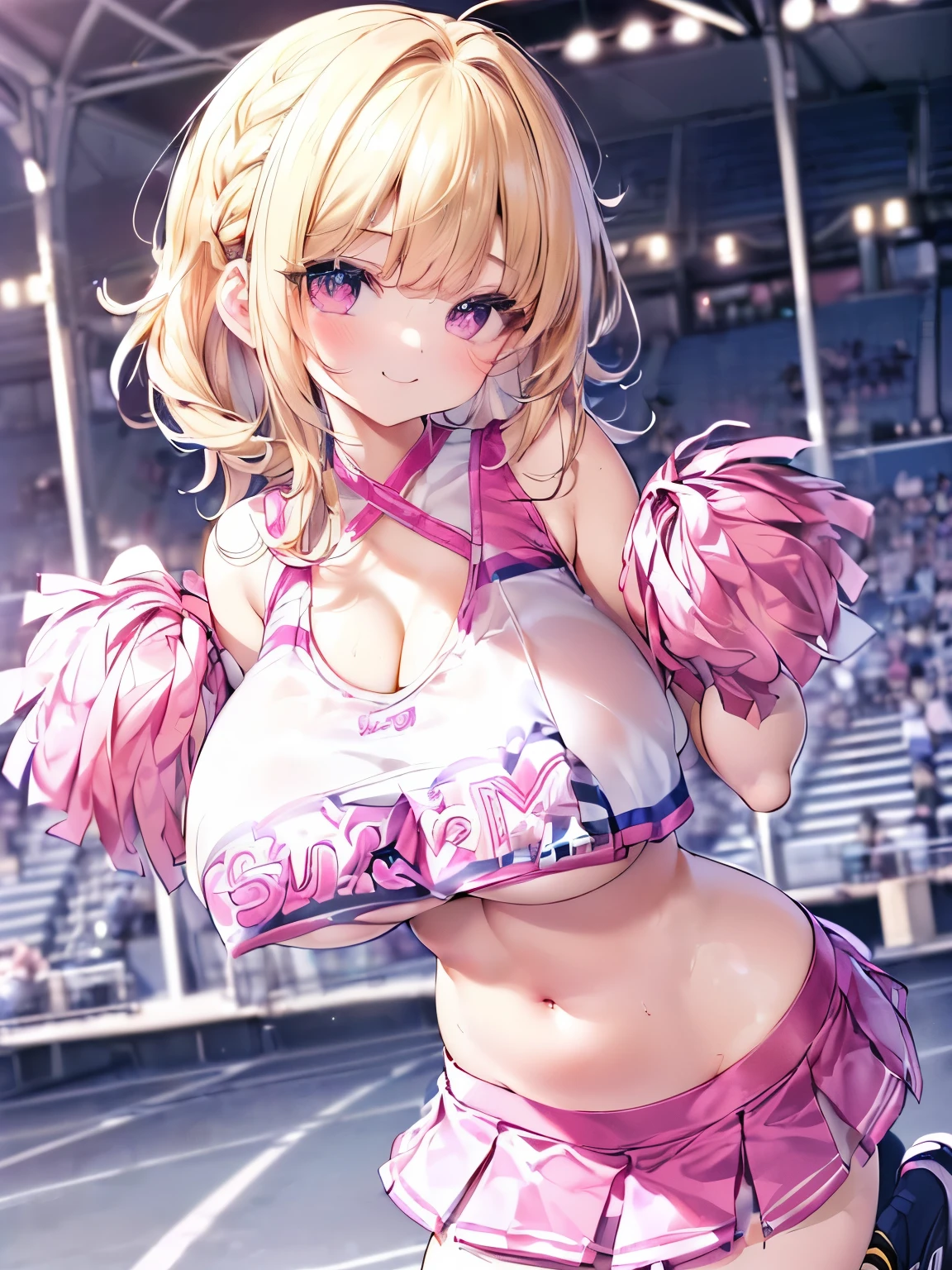 Masterpiece,Best Quality,(Super Detail),Perfect Lighting, Highly detailed CG,Super detailed,(Highly detailed eyes,Very cute face,Highly detailed face:1.3),Beautiful Anime Girl,(Solo Girl),(Super huge boobs:1.9),(Functional,Glamour,sexy:1.9),(Blonde,Medium Short Hair,Braiding,let long hair fall forward:1.5),(Big light blue eyes),(Very happy smile:1.5),break,(Cheerleader Costumes,Cleavage,Open-chested clothing,belly button,Pink low rise micro mini skirt,Show off your pants:1.5),Stadium,Audience seats,Jump,Dynamic Pose