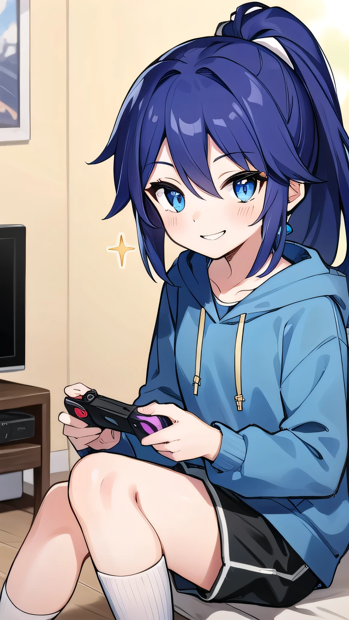 Blue-purple hair, dark blue eyes, long hair, ponytail, hairpin, long-sleeved hoodie, shorts, middle school student, 14 years old, short, round eyes, sparkling eyes, owns a game console, confident, smiling a little There is