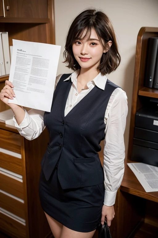 (realistic:1.3), finely detailed, quality, rembrandt lighting, (masterpiece:1.2), (photorealistic:1.2), (best quality), (detailed skin:1.3), (intricate details), dramatic, ray tracing, 1girl, japanese girl, 21 years old, detailed skin texture, (blush:0.5), (goosebumps:0.5), subsurface scattering, smiling, medium breasts, short hair curls, bangs, hair between eyes, office uniform, office vest, micro mini skirt, (carrying stack of paper:1.3), cowboy shot, (office, photocopier, filing shelves, files),