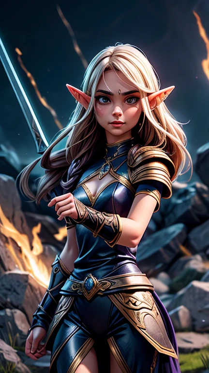 a beautiful female elf warrior, fierce battle, intricate armor, detailed facial features, piercing gaze, long flowing hair, dual swords, magical energy, dramatic lighting, epic fantasy scene, cinematic composition, rich colors, highly detailed, masterpiece, 8k, photorealistic