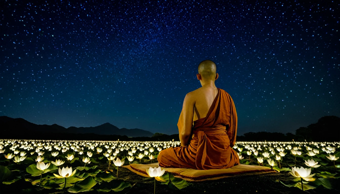 A young monk meditates and chants sutras with his back turned,The quiet sky has shining stars,The ground is covered with lotus flowers,There are a few petals floating in the sky。