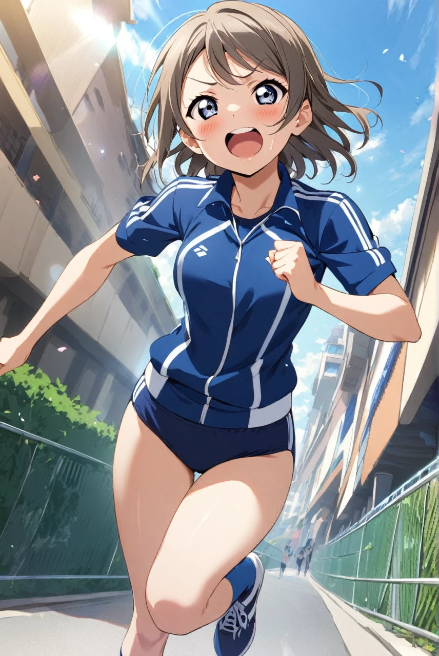 1 female,black hair,(()),(((White and blue sports bra and shorts)))(((blush、open mouth smile)),(((Yuki Mikan))),crowd(Baby girl body shape)(((small breasts)))squat,((wet with sweat))Outside playground,Mansuji