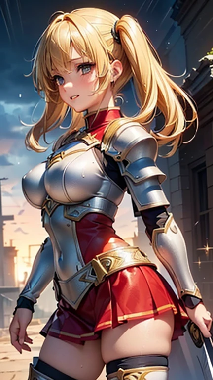 A girl is posing for a photo,pretty girl,Enchanting girl,Anime Girls,
(((One Girl,Baby Face,16 years old))),

(dknsoutfit:1.3、White Armor、Red decorated breastplate、Red decorated knee pads、Holding a big sword),
BREAK 

(Beautiful Hair,Shiny Hair),(Blonde、Hair blowing in the wind、Twin tails),
(Expression of fine eyes,Beautiful and delicate eyes,Sparkling eyes,Eye Reflexes),(black eye),
double eyelid,Long eyelashes,
(Beautiful Nose,Thin Nose),
(Glossy lips,Beautiful Lips,Thick lips),
(Symmetrical facial features,Perfect Face),(((Detailed skin,Oily skin,Textured skin,Beautiful Skin))),
break 

(smile),
(dark、(Fantasy World Ruins、rain)),((Dynamic Pose、front view、Cowboy Shot:1.4)),
break 

(((highest quality)),((masterpiece)),(Very detailed),(High resolution),(Beautiful sparkle),(High detail),(Anatomically correct)),((Realistic)),
(The best CG),Highly detailed art,CG illustration,(16k,1080p),((Line art)),
