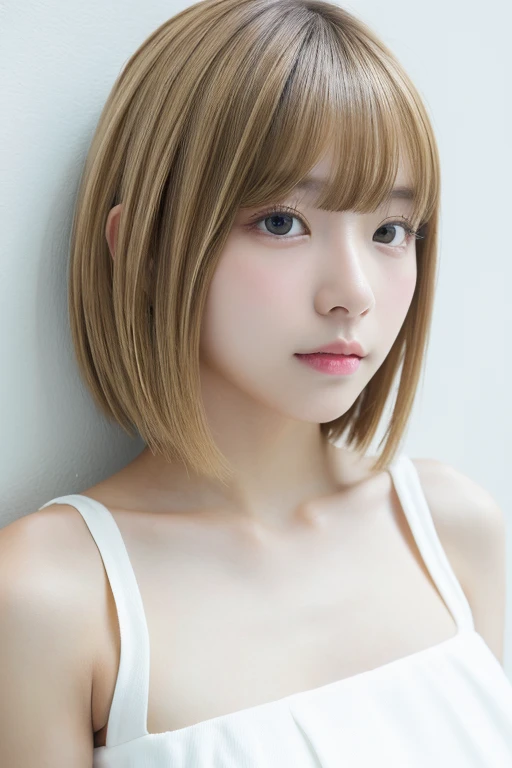 highest quality、masterpiece、High resolution、One Girl、solo、RAW Photos、Real person、Detailed skin、Japanese、Blonde、Thin bangs、short hair、Bobcut、back of head、Upper Body、Clear skin、White shirt、White Room、White wall