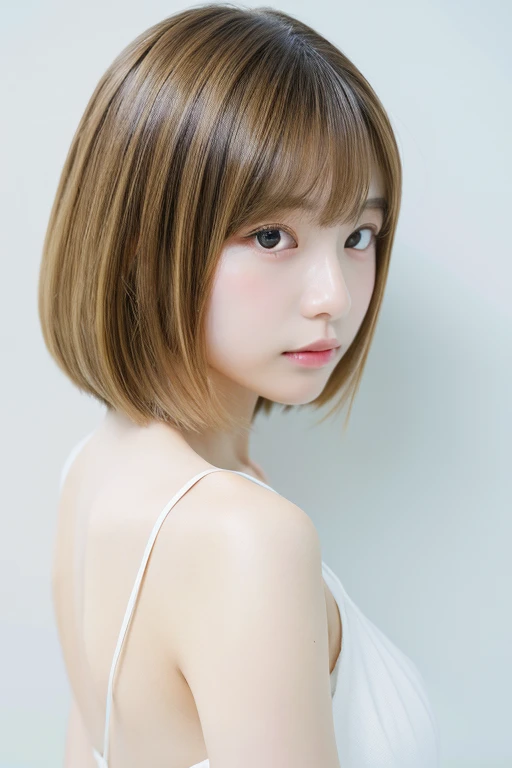 highest quality、masterpiece、High resolution、One Girl、solo、RAW Photos、Real person、Detailed skin、Japanese、Blonde、Thin bangs、short hair、Bobcut、back of head、Upper Body、Clear skin、White shirt、White Room、White wall