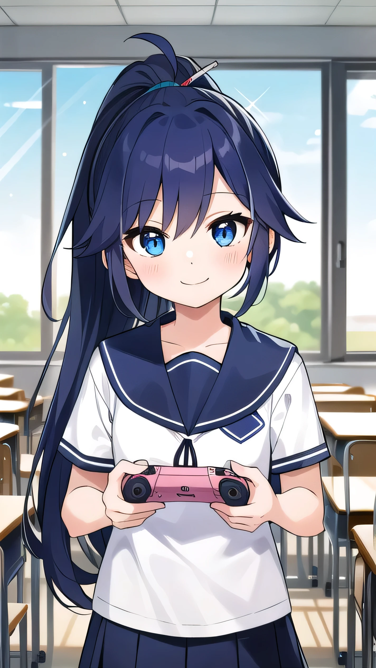 Blue-purple hair, dark blue eyes, long hair, ponytail, hairpin, , classroom, , 14 years old, short, sparkling eyes, holding a mobile game console, confident, smiling a little There is