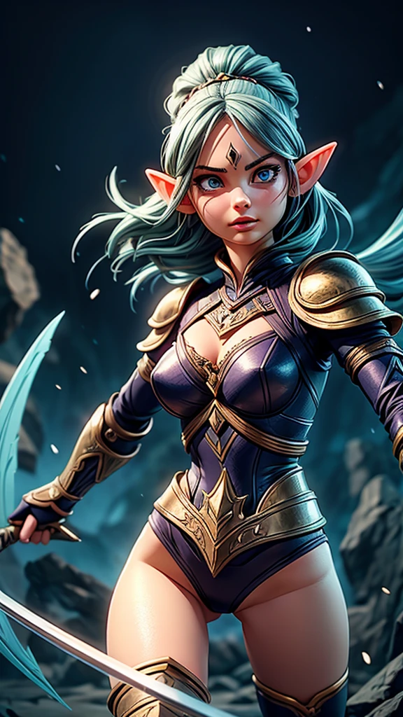 a female elf warrior, fighting against enemies, highly detailed face and body, beautiful detailed eyes, beautiful detailed lips, extremely detailed eyes and face, long eyelashes, fantasy, intricate armor, detailed weaponry, dynamic action pose, epic battle scene, dramatic lighting, cinematic composition, vibrant colors, digital painting