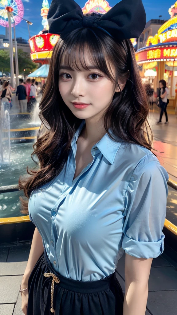 Female((20year old)), hair((wavy, long, black)), eyes((small eyes, black eyes)), clothes((shirts, blue, light blue pattern)), accessorieickey mouse hairband)), medium breast, korean make-up look,  amusement park, fountain, ferris wheel,