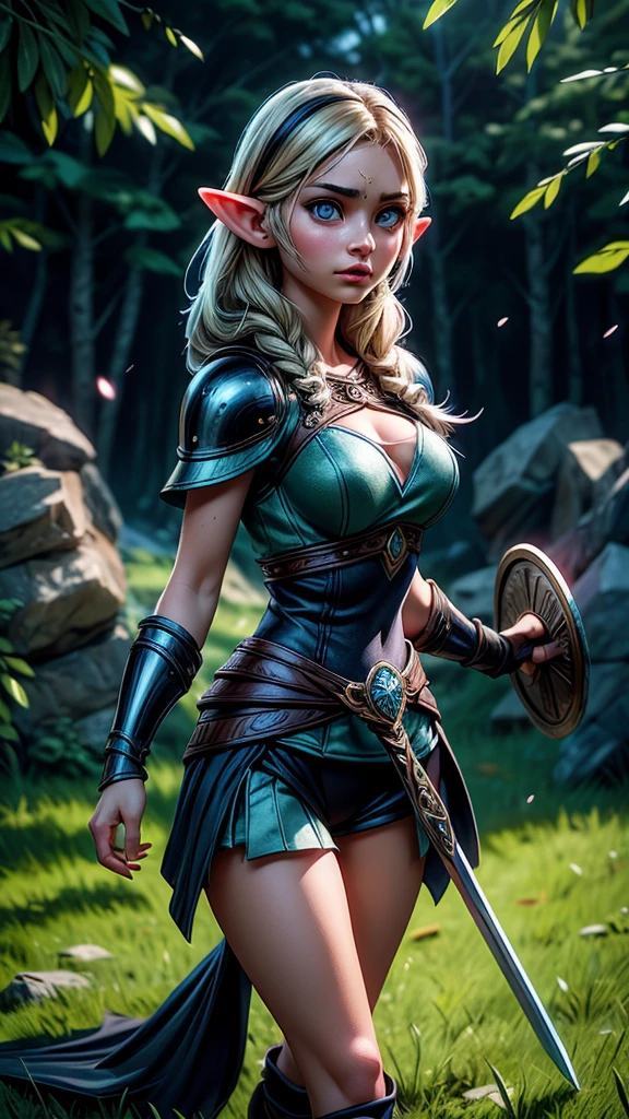 beautiful elf warrior, fantasy character, 1girl, detailed face, long pointed ears, detailed eyes, beautiful detailed lips, extremely detailed face, longeyelashes, intricate armor, sword, shield, intense battle, dynamic pose, dark dramatic lighting, cinematic composition, dramatic colors, fantasy landscape background, epic, (best quality,4k,8k,highres,masterpiece:1.2),ultra-detailed,(realistic,photorealistic,photo-realistic:1.37),cinematic lighting,cinematic camera angle,dramatic shadows,vibrant colors