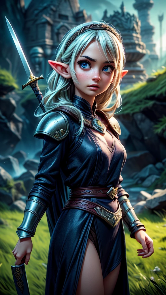 beautiful elf warrior, fantasy character, 1girl, detailed face, long pointed ears, detailed eyes, beautiful detailed lips, extremely detailed face, longeyelashes, intricate armor, sword, shield, intense battle, dynamic pose, dark dramatic lighting, cinematic composition, dramatic colors, fantasy landscape background, epic, (best quality,4k,8k,highres,masterpiece:1.2),ultra-detailed,(realistic,photorealistic,photo-realistic:1.37),cinematic lighting,cinematic camera angle,dramatic shadows,vibrant colors