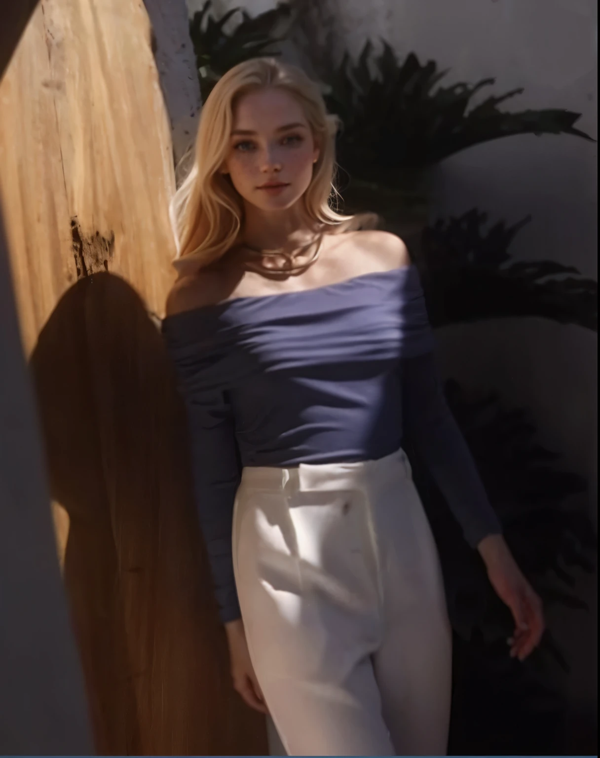 mulher, americana, 25 anos, pale skin and freckles, olhos cinzas, nariz delicado, soft and delicate lips, longo, cabelo blondie longo e ondulado na altura da cintura, sorriso meigo, face with delicate feminine facial features, altamente renderizado