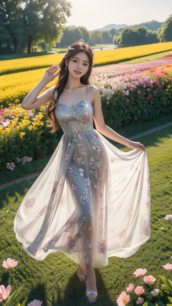 22 years Beautiful korean Girl, masterpiece, best quality, official art, extremely detailed CG unity 8k wallpaper, Ray Tracing, highly detailed, absurdres, Panorama, Depth of field, telephoto lens, angel, looking afar, looking to camera man, in spring, sunset, rainbow, (((flower field))), (((flower sea))), Tyndall effect, 100% Realistic, ((Realistic)), (paper figure),((impasto)),(shiny skin), (water color),bloom effect,detailed beautiful grassland with petal,flower,butterfly,necklace,smile,petal, ((Simple Sparkling A-Line Wedding Party Dresses Sweetheart Tulle Mini Homecoming Gown Party Dress)), ((Dress Women Chic Floral Print Sleeveless Slim Korean Fashion Dress)), ((Hylee Floral Coquette Dress - XS)), Perfect body figure, Beautiful Smile, Cinematic photography, Sexy angles, Stylish poses, 4 Different poses, 64k , high resolution picture quality, very clear body figure, Flowers in hand, Flowers on Hair, Full body shot 