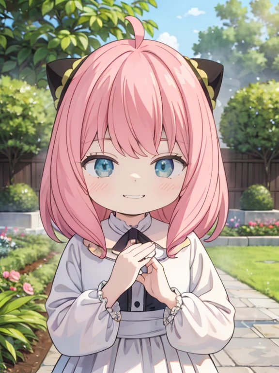 masterpiece, highest quality, Very detailed, 16k, Ultra-high resolution, Cowboy Shot, Detailed face, Perfect Fingers, One female, 7 years old, Garden of the mansion, AnyaForgerSF,1female_child,pink hair,cone hair bun, evil_smirk