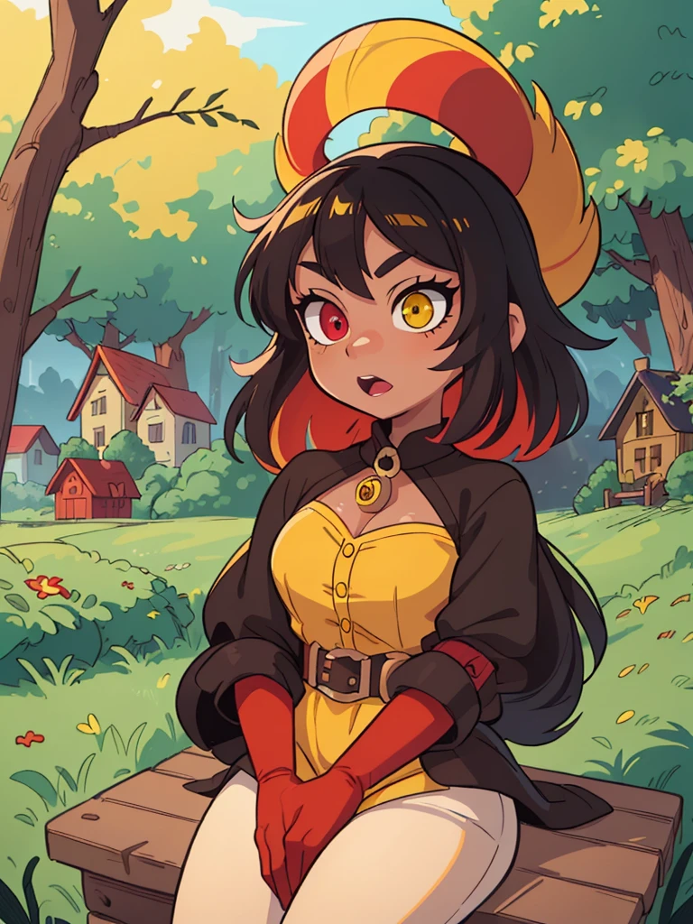 ((best quality, official art, masterpiece, 8k, HD, ultra-detailed)), 1 kid girl, witch, dark skin and white hair, (((((Heterochromia in the eyes, best quality, ultra-detailed red and yellow eyes, very detailed eyes, yellow left eye and red right eye))))), ultra realistic eyes, ultra detailed eyes, (wearing black witch dress), outdoors, clouds in the background, fantasy, medieval, setting in a forest with wooden houses in the background.