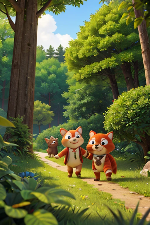 
create a coloring book cover with animals and a forest in the background, with friendly, smiling animals.