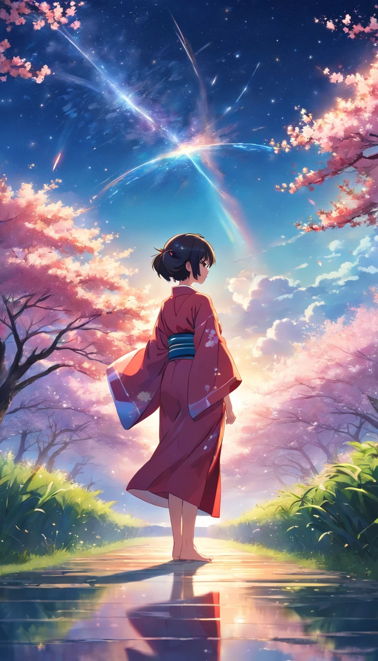 110207, A girl in a kimono is gazing from afar,(Zoom out:1.1),(meteor:1.2)、(comet:1.urname、Low Angle、From behind、Alola、meteor群、yukata, red kimono, Cherry blossoms falling、Standing in the field、highest quality、masterpiece、cloud、colorful、Starry Sky、