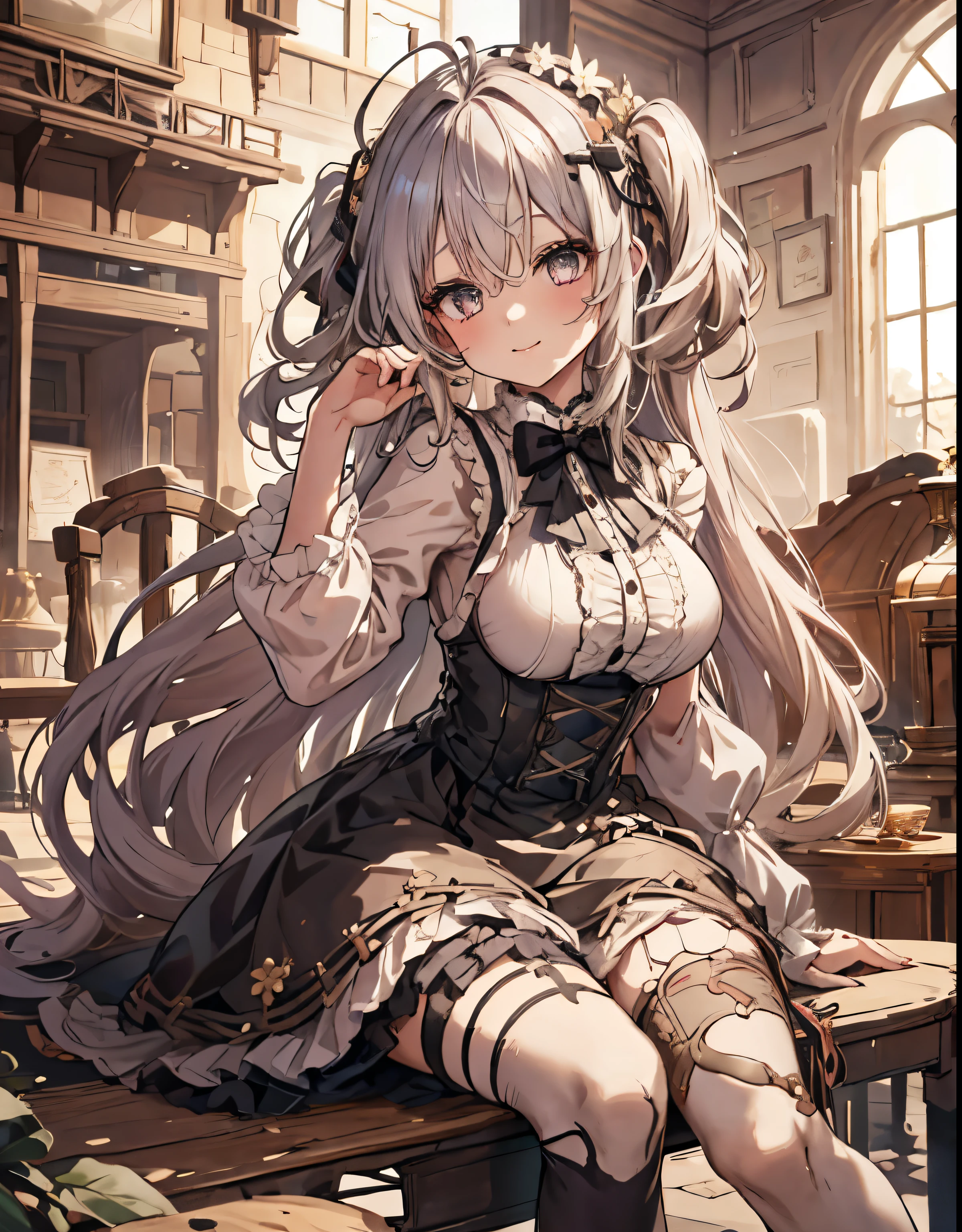 masterpiece, 1girl, sparrow, a silver haired girl, wearing a victorian dress, curly long hair, messy hair, slim body, he close her left eye, shirt ornament, ruby eyes, ahoge, baby face, big breast, beautiful breasts, rounded breasts, long sleeves, beautiful eyes, white stocking, droopy eyes, her age is 19 years old, ricefield, bowtie, azusa_bluearchive, lovely face, medium hair, lovely smile, curly hair, gothic ****ta