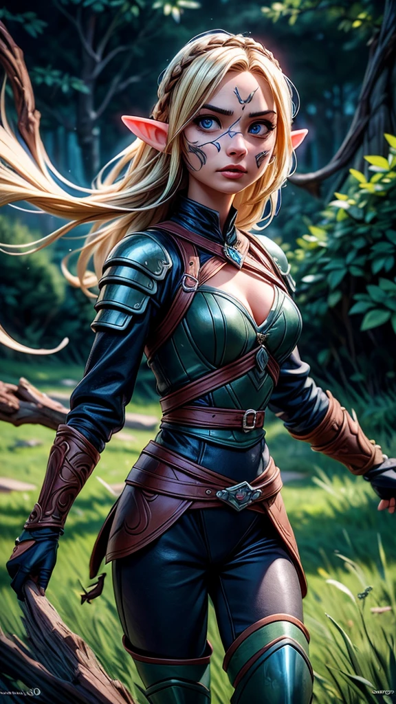 a female elf warrior, fighting against enemies, intricate detailed armor, long flowing hair, fierce battle expression, detailed facial features, detailed eyes and lips, epic fantasy landscape, glowing magical effects, dramatic lighting, cinematic composition, vibrant colors, highly detailed, (best quality,4k,8k,highres,masterpiece:1.2),ultra-detailed,(realistic,photorealistic,photo-realistic:1.37)