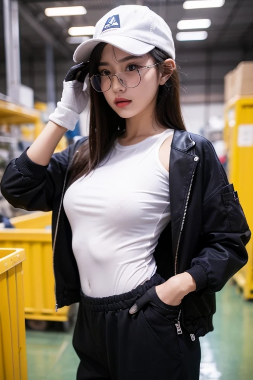 Looking away, high-detail、inside factory、A woman's body is a third of the screen、Small breasts、Female worker、Workwear、Work pants、Hats、gloves、Safety Protective Glasses、Sweat all over the body、You can open the chest part of the jacket to see the T-shirt、