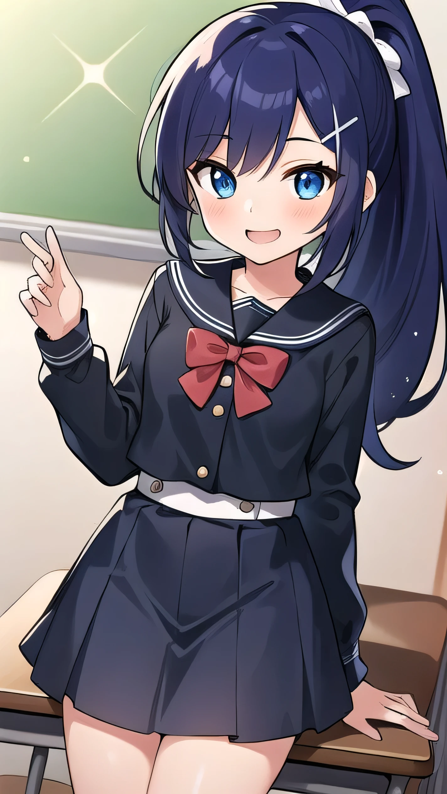 Blue-purple hair, dark blue eyes, long hair, ponytail, hairpin, long-sleeved , classroom, middle school student, 14 years old, short, round eyes, sparkling eyes, owns a mobile game console, confident, a little laughing