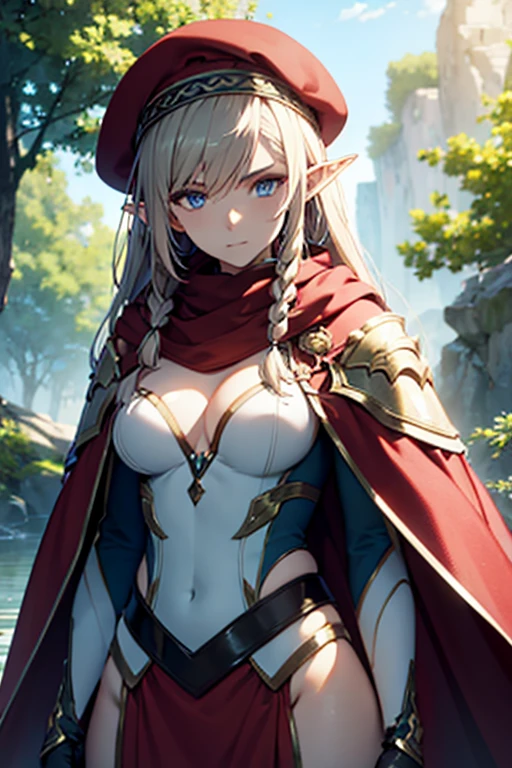 Long Hair, blue eyes, blonde, Braiding, Pointy Ears, Fairy, side Braiding, break gloves, Cape, beret, whole body, nature, Highly detailed face, UHD, retina, masterpiece, accurate, anatomically correct, textured skin, super detail, high details, high quality, best quality, highres, 8k