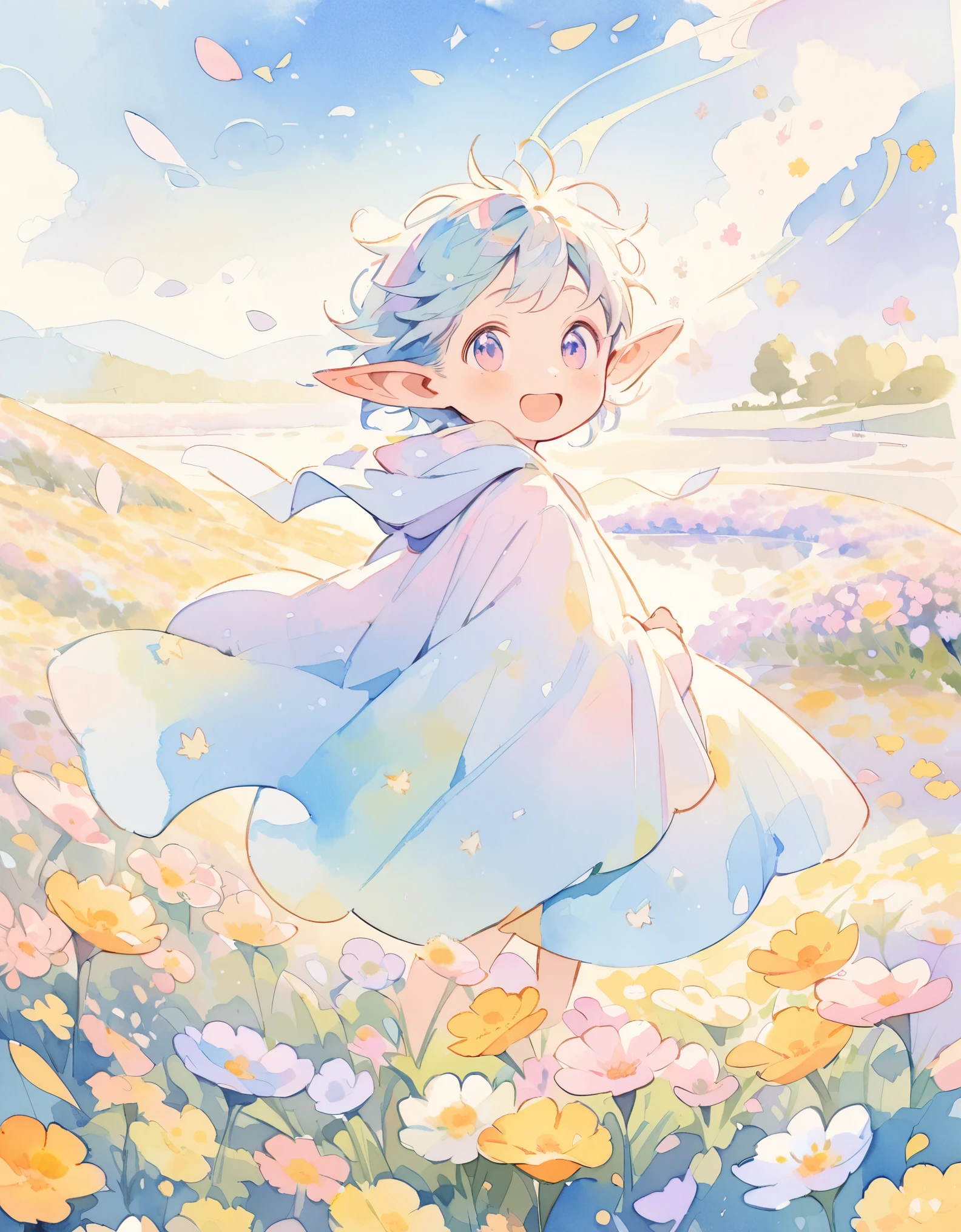 Elf Boy, Pointy Ears, Magic Robe, Expressions of joy, Magic Wind, natural environment, ((Flower Field, pastel colour)), Lakeside, Watercolor. Whimsical and delicate style, Illustrations for children, Children's book illustrations, masterpiece:1.2,