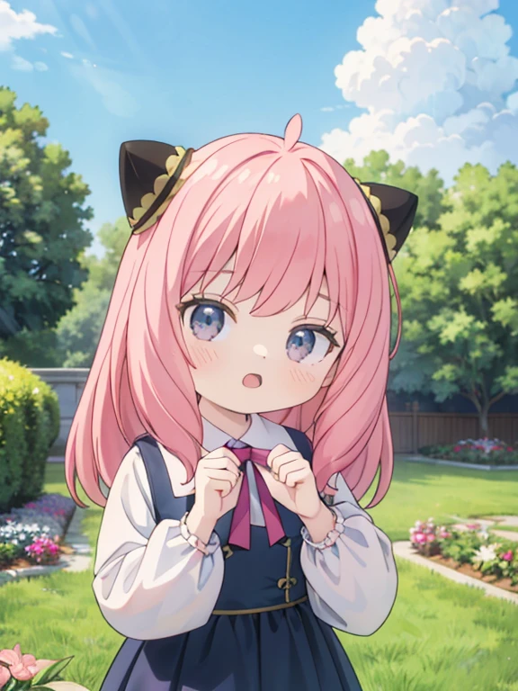 masterpiece, highest quality, Very detailed, 16k, Ultra-high resolution, Cowboy Shot, Detailed face, Perfect Fingers, One female, 7 years old, Garden of the mansion, AnyaForgerSF,1female_child,pink hair,cone hair bun, rage