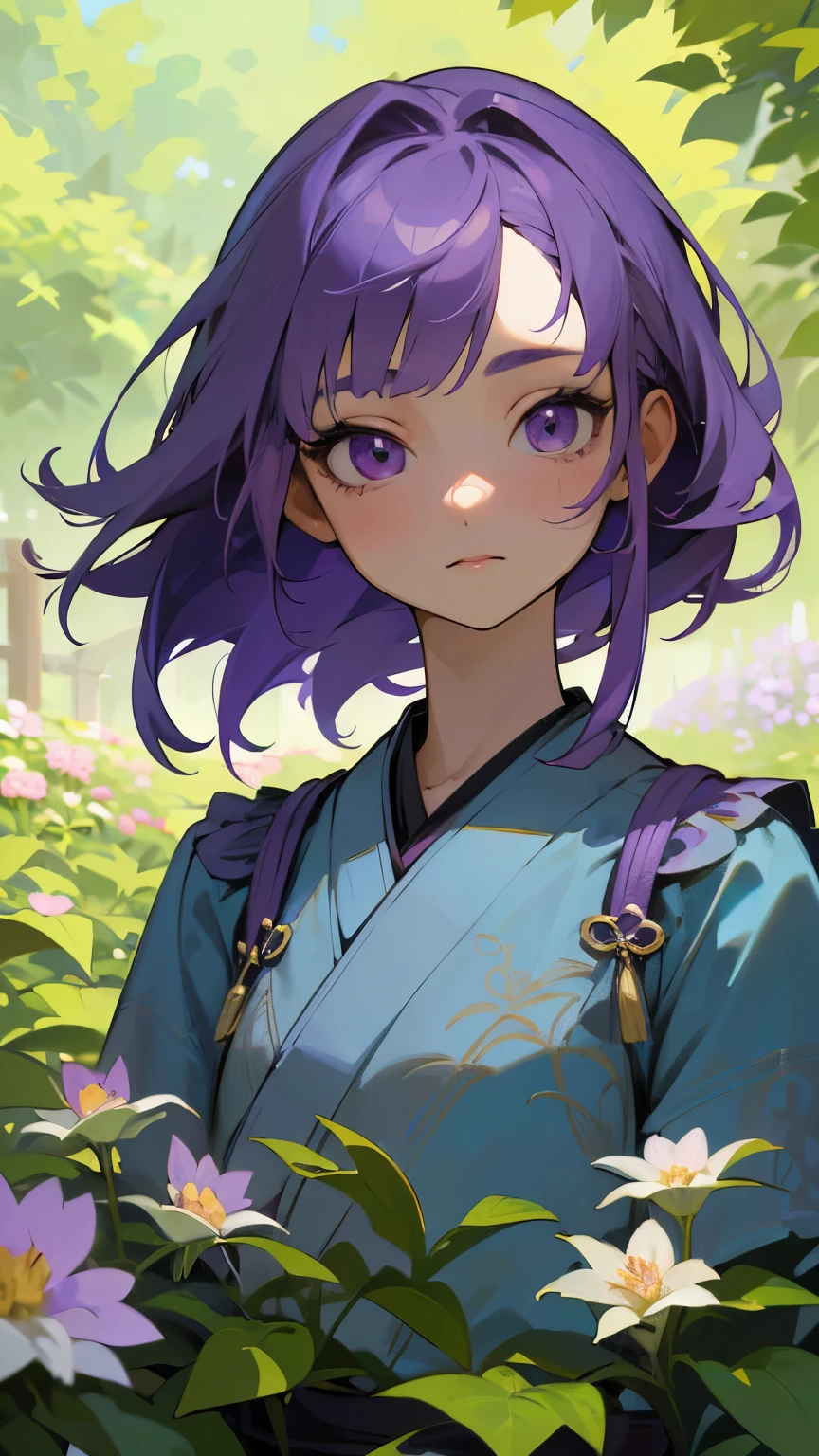 UHD, masterpiece, textured skin, super detail, high details, high quality, award winning, (equal perfect eyes), best quality, HD, upper body shot, perfect eyes, (1Gir, short, tiny, cute, Beautiful, (long purple hair), purple eyes, wearing one yukata, (looking at POV)), (In a garden)