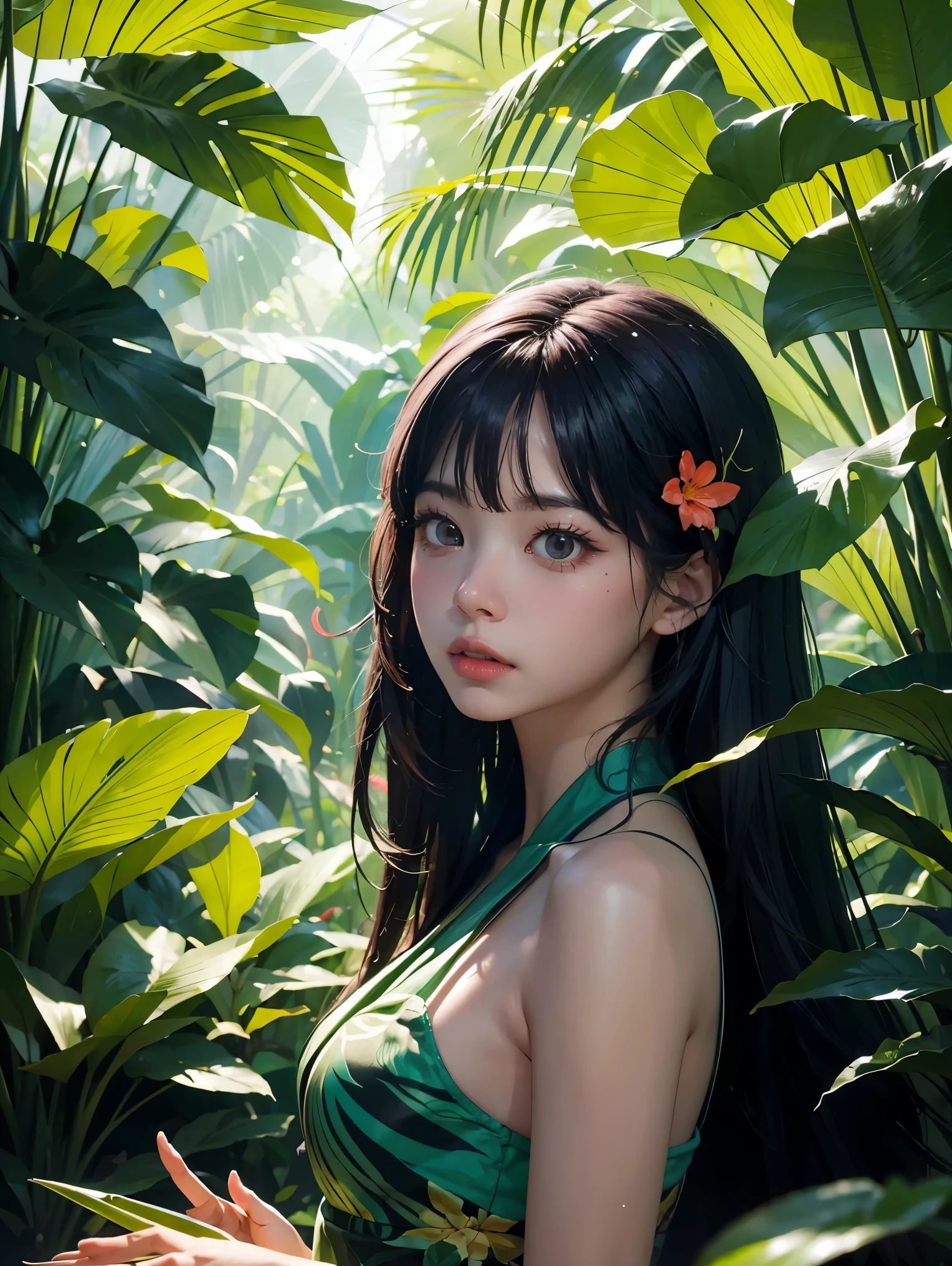 there are two people standing in a jungle with plants, artwork in the style of guweiz, inspired by Yanjun Cheng, in a tropical forest, by Yang J, in the art style of bowater, 🌺 cgsociety, loish and ross tran, in a jungle, by Ni Tian, by Ryan Yee, loish and wlop