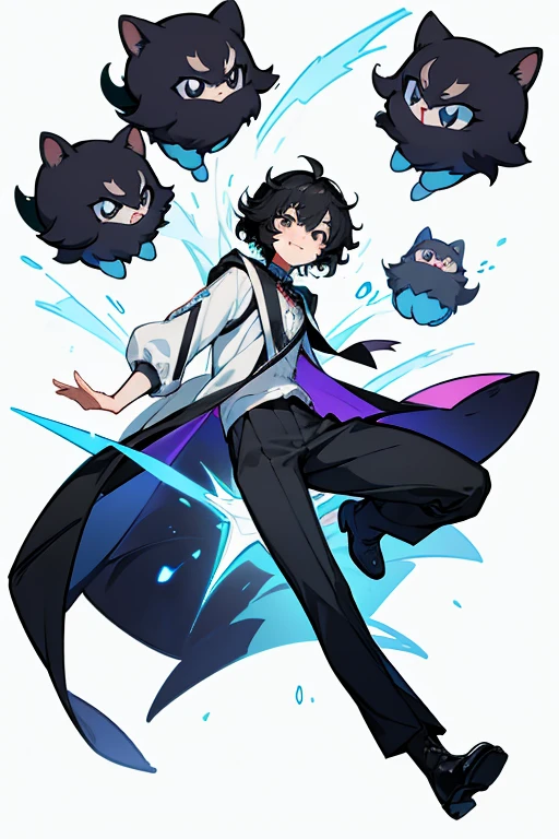 中性的なmale, {alone} ,{{{Looking at viewer}}},{{{Iris}}}, ハリネズミのcostumeを着ている, Concept Art, White background, Simple ground, Short perm, {{{Description of the whole body}}} , {{{Depicted up to the feet}}}, costume, highest quality, masterpiece, cowmaleの子_shot, Looking_return,magician, maleの子,male,male, young,, Black Hair, Short perm, Grin, Beautiful and delicate black eyes, teeth,Black boots , Black Hairの目, ハリネズミのcostume, White shirt, Black trousers, Open jacket, Black clothes,transparent_returnground, returnlighting, White Background, High resolution, Very detailed, information,low length,Active,smile