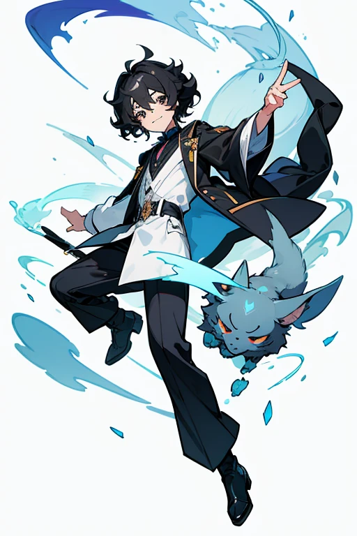 中性的なmale, {alone} ,{{{Looking at viewer}}},{{{Iris}}}, ハリネズミのcostumeを着ている, Concept Art, White background, Simple ground, Short perm, {{{Description of the whole body}}} , {{{Depicted up to the feet}}}, costume, highest quality, masterpiece, cowmaleの子_shot, Looking_return,magician, maleの子,male,male, young,10 years old, Black Hair, Short perm, Grin, Beautiful and delicate black eyes, teeth,Black boots , Black Hairの目, ハリネズミのcostume, White shirt, Black trousers, Open jacket, Black clothes,transparent_returnground, returnlighting, White Background, High resolution, Very detailed, information,low length,Active,smile