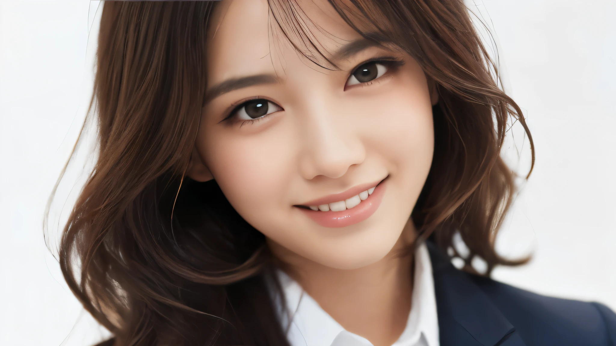(Realistic: 1.4), (highest quality: 1.4), (fine grain), Full Body Shot, ((White Background)), ((One female college student)), Black wavy hair, ((suit)), Big eyes, Blushed, ((smile)), Highly detailed face and skin texture, Healthy Skin, 8K resolution